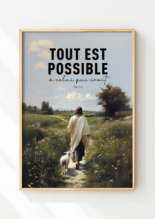 Affiche chrétienne jesus et son agneau avec verset de la bible dans un cadre