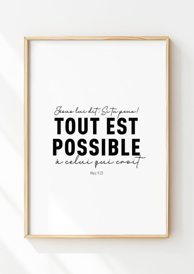 Affiche chrétienne Marc 9:23 dans un cadre en bois