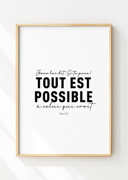 Affiche chrétienne Marc 9:23 dans un cadre en bois