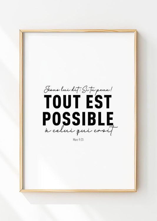 Affiche chrétienne Marc 9:23 dans un cadre en bois