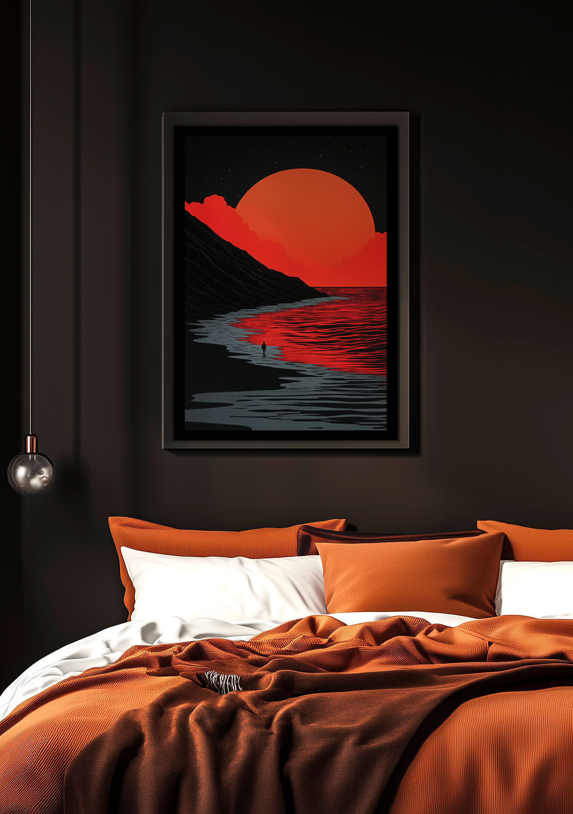 Affiche illustration homme sur une plage de sable noir, encadrée au dessus d'un lit.