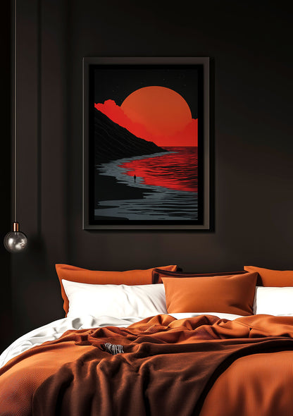 Affiche illustration homme sur une plage de sable noir, encadrée au dessus d'un lit.