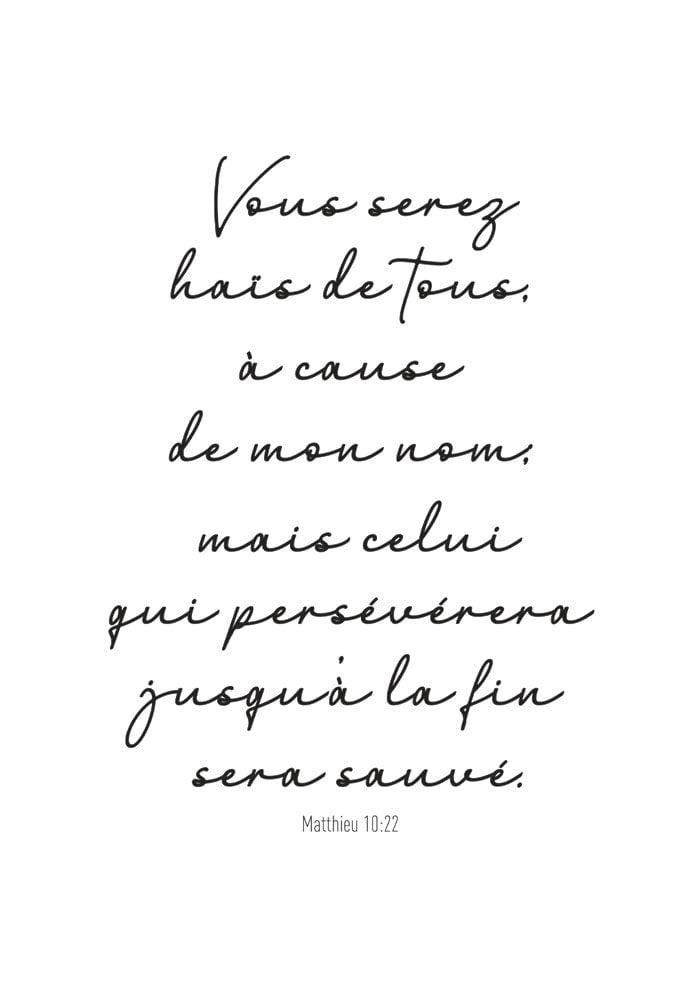 Poster typographie manuscrite du verset de la bible Matthieu 10:22 en noir sur fond blanc