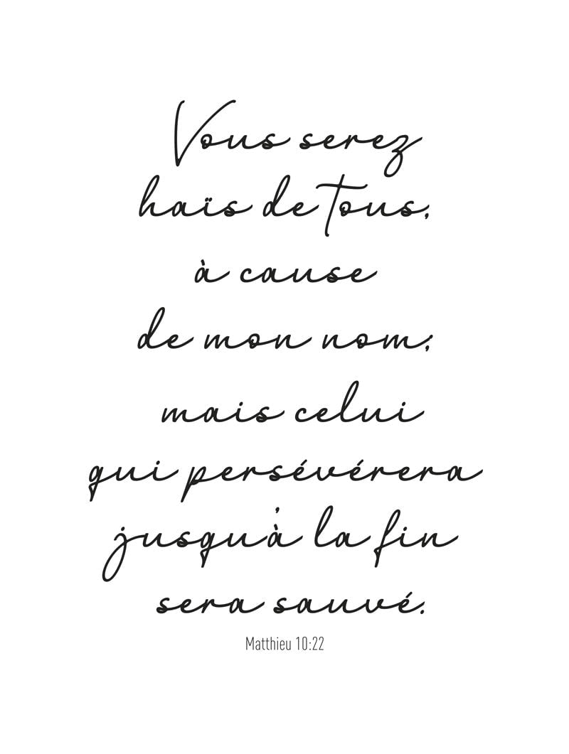 Affiche bible citation verset Matthieu 10:22  typographie manuscrite en format 30x40cm