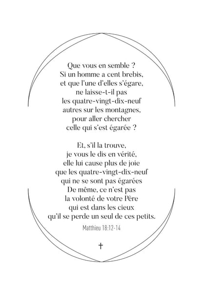Affiche chrétienne du verset de la bible matthieu 18:12-14 en typo noir sur fond blanc, dans une ogive noire