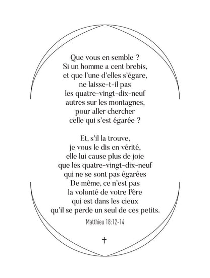 Format 30x40cm de l'affiche typographie du verset biblique de matthieu 18:12-14 écrite noir sur blanc