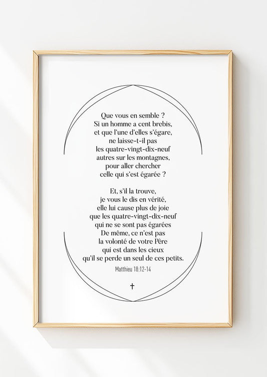 Affiche chrétienne verset matthieu 18:12-14 dans un cadre en bois
