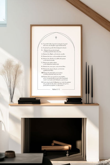 Affiche chrétienne du verset de la bible Matthieu 5:1-12 Encadrée au dessus d'une cheminée