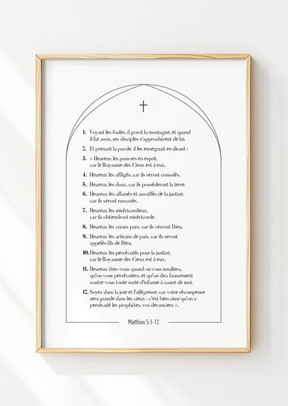 Affiche chrétienne du verset de la bible Matthieu 5:1-12 dans un cadre en bois
