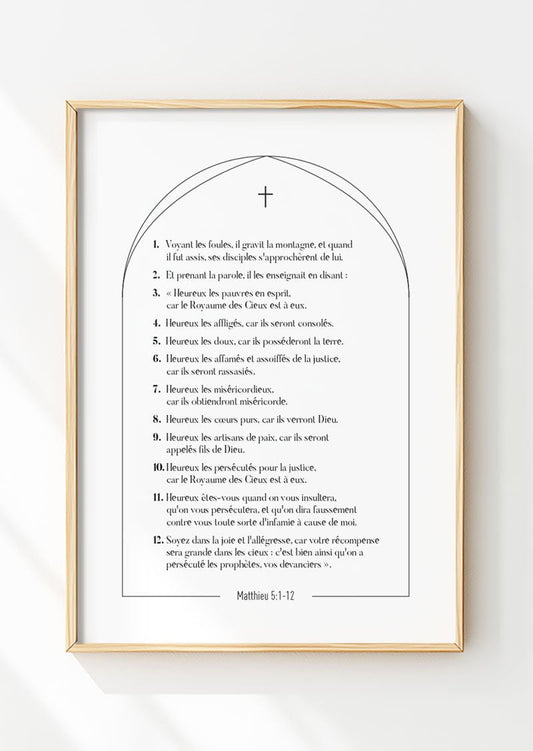 Affiche chrétienne du verset de la bible Matthieu 5:1-12 dans un cadre en bois