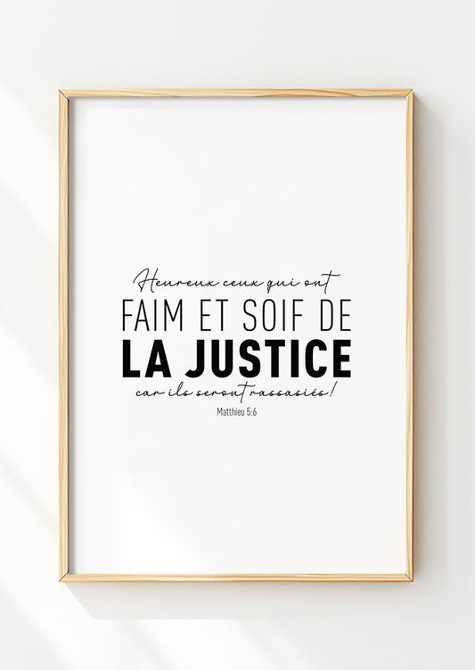 Affiche chrétienne du verset Matthieu 5:6 dans un cadre en bois