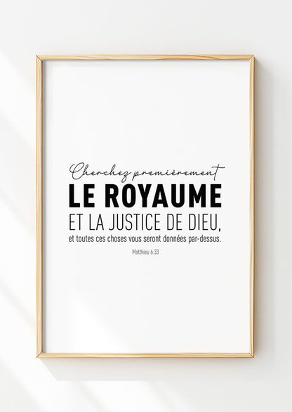 Affiche chrétienne du verset de la bible Matthieu 6:33 dans un cadre en bois