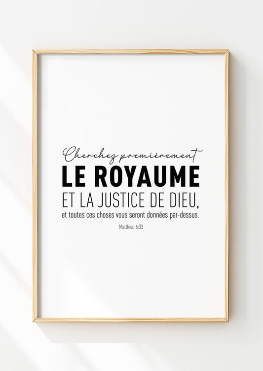 Affiche chrétienne du verset de la bible Matthieu 6:33 dans un cadre en bois