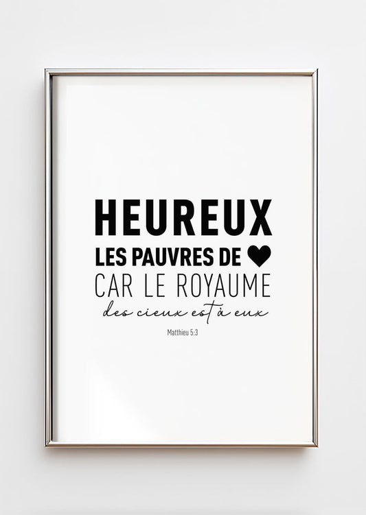Affiche chrétienne du verset de la bible matthieu 5:3 écrit en noir sur blanc, dans un cadre chrome