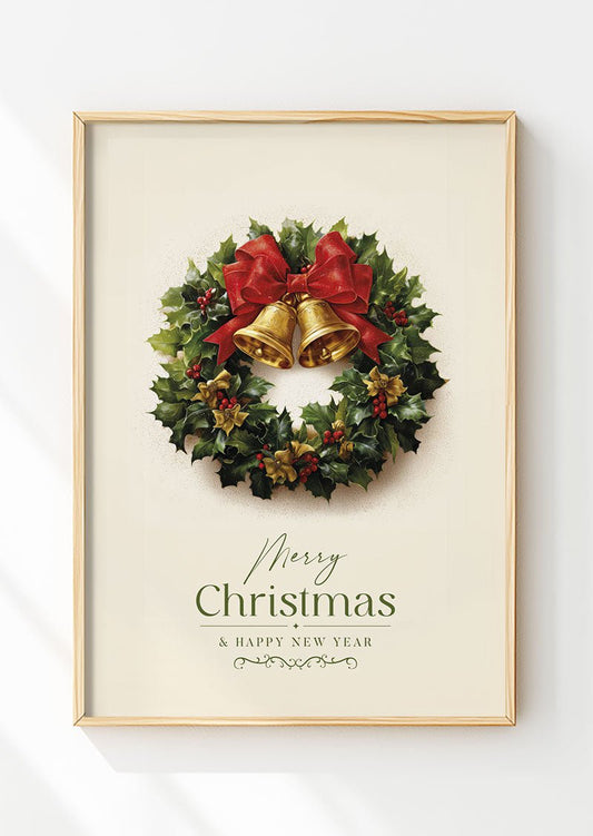 Affiche de noël illustrant une couronne traditionnelle de noël dans un cadre en bois