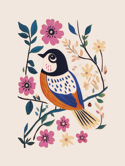 Mésange aux fleurs roses - Affiche Folk Art