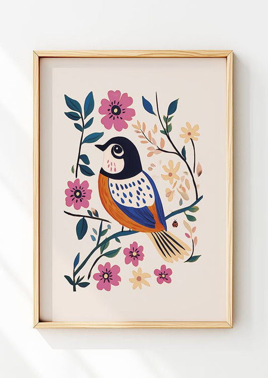 Affiche folk art d'une illustration d'une mésange bleue et orange dans un cadre en bois clair