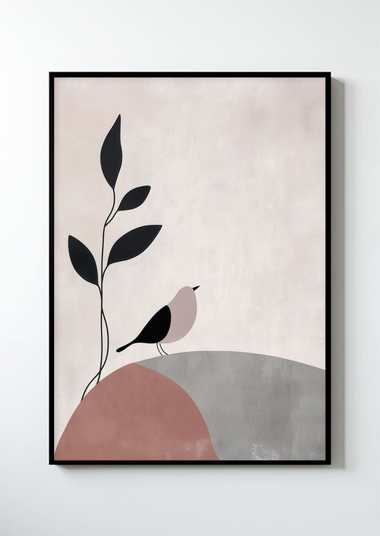 Poster contemporain Wabi-Sabi, illustrant un oiseau minimaliste dans un cadre noir