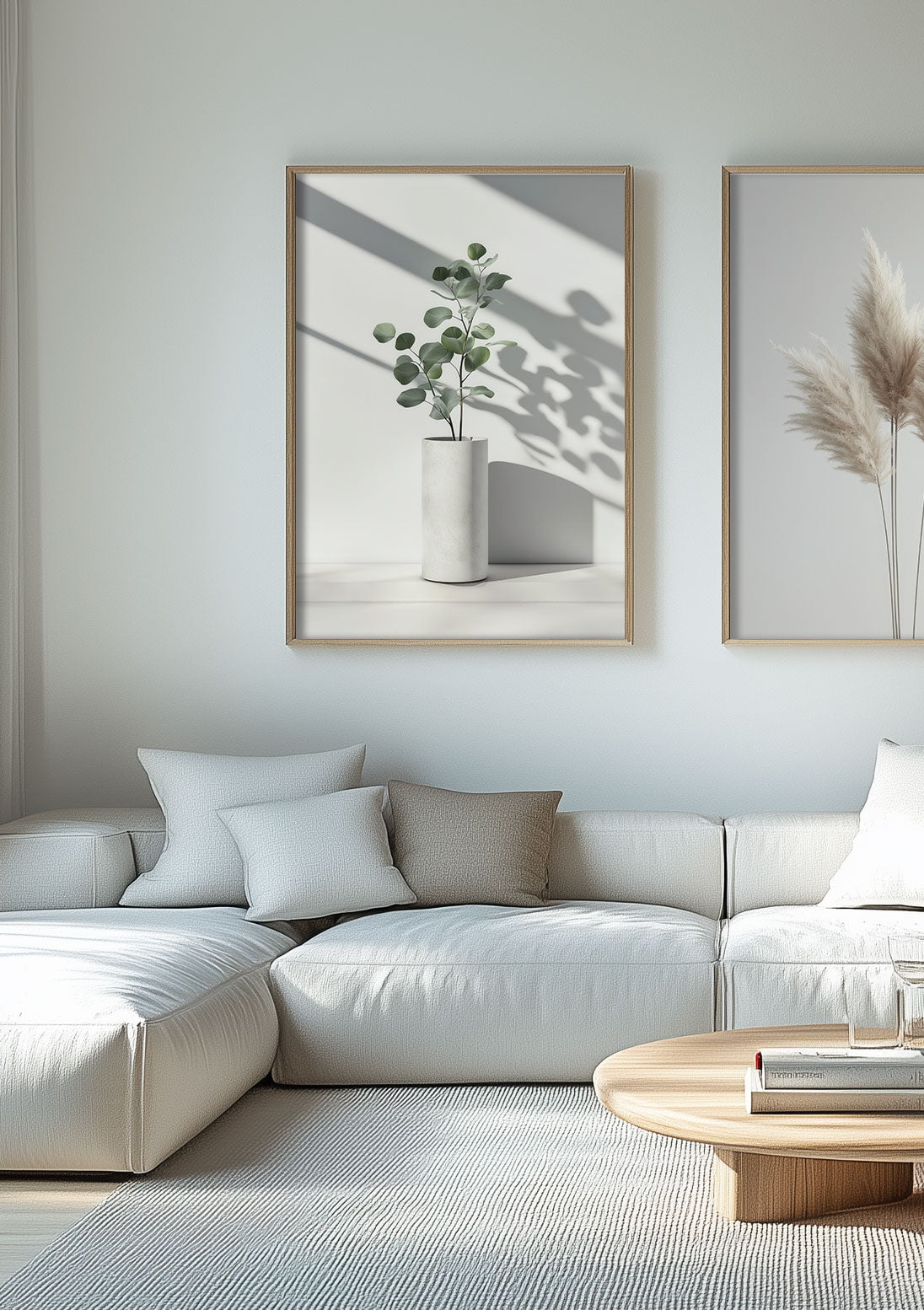 Affiche murale botanique d'un eucalyptus en pot, sur un mur blanc dans un salon.