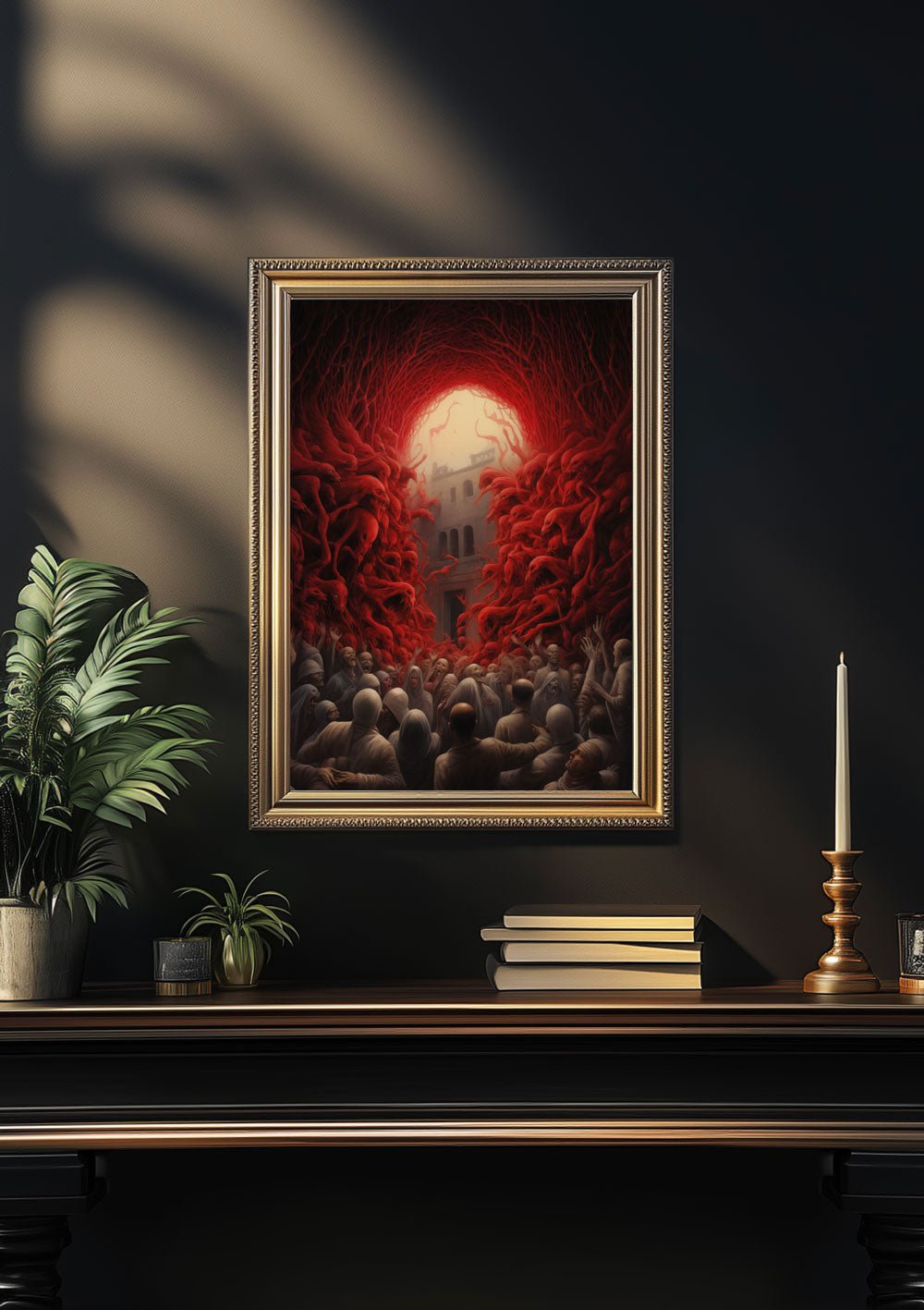 Affiche peinture d'une foule et des démons rouges encadrée dans un Cabinet de Curiosités noir.