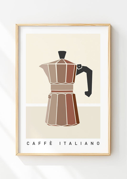 Poster italie pour cuisine illustration minimaliste d'une cafetière moka dans un cadre en bois
