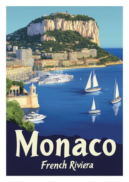 Affiche vintage illustrée du port de Monaco, vue d'en haut.