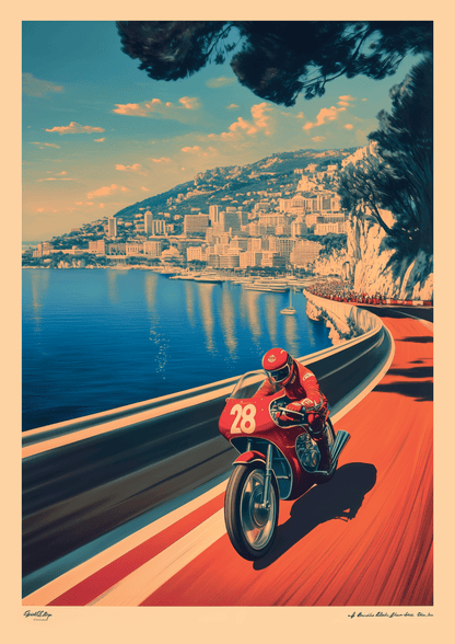 Affiche vintage illustrée d'une course de moto sur les routes sinueuses de Monaco.