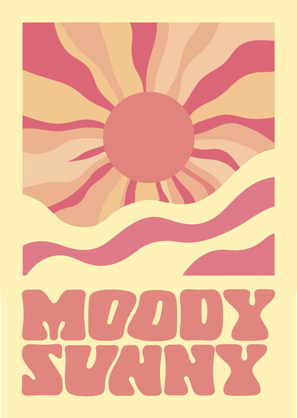Affiche psychédélique vintage pop d'un soleil rose, orange, beige avec le texte "Moody Sunny".