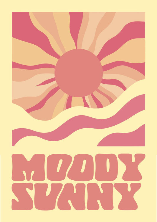 Affiche psychédélique vintage pop d'un soleil rose, orange, beige avec le texte "Moody Sunny".