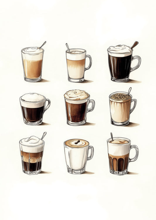 Affiche cuisine à l'aquarelle de neuf tasses de différents cafés latte sur fond blanc.