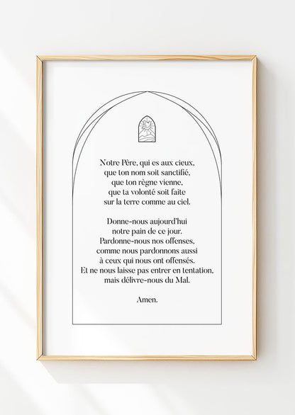 Affiche chrétienne de la prière du notre père inscrite en noir sur blanc, dans un cadre en bois