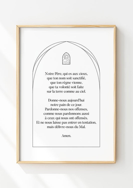 Affiche chrétienne de la prière du notre père inscrite en noir sur blanc, dans un cadre en bois