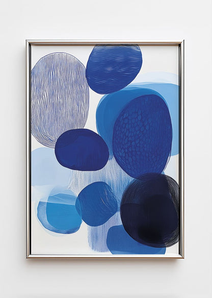 Cadre chrome avec un poster contemporain de formes abstraites bleue organiques