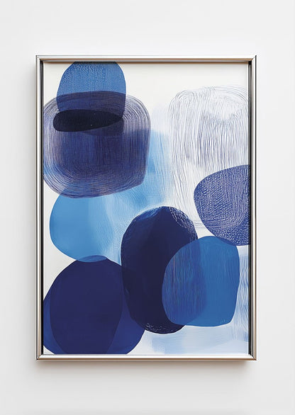 Poster contemporain et abstrait dans un cadre chrome, composées de formes bleues