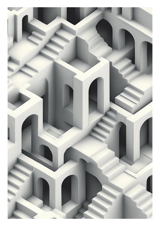 Affiche murale contemporaine faite d'arches et d'escaliers blancs.
