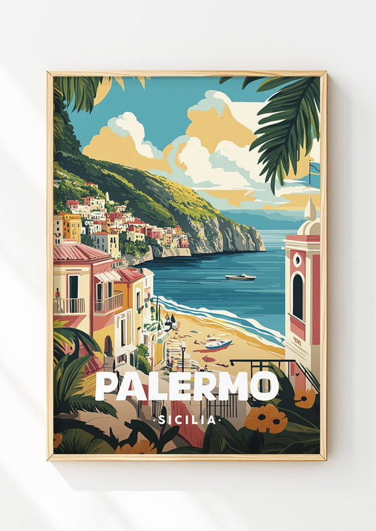 Poster ville italie d'une illustration de Palerme, dans un cadre en bois.