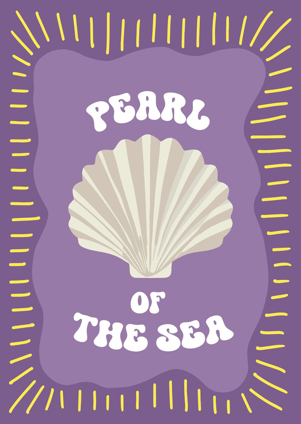Affiche vintage pop coquillage sur fond lavande avec l'inscription "Pearl of the sea" 