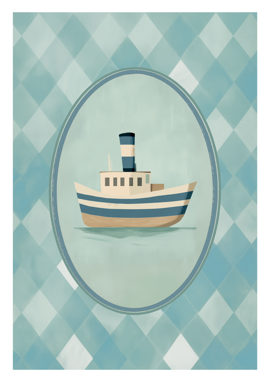 Affiche pour chambre bébé d'un bateau de pêche, sur fond vichy, couleur bleue.