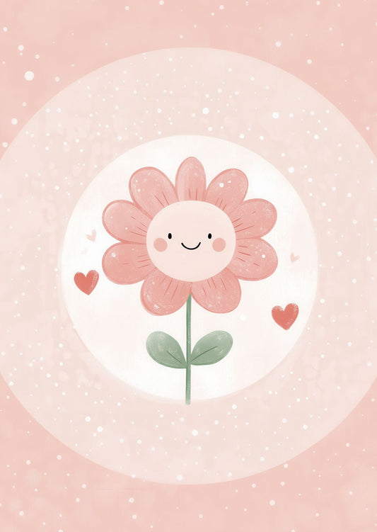 Affiche pour chambre bébé d'une fleure rose souriante sur fond rose pale.