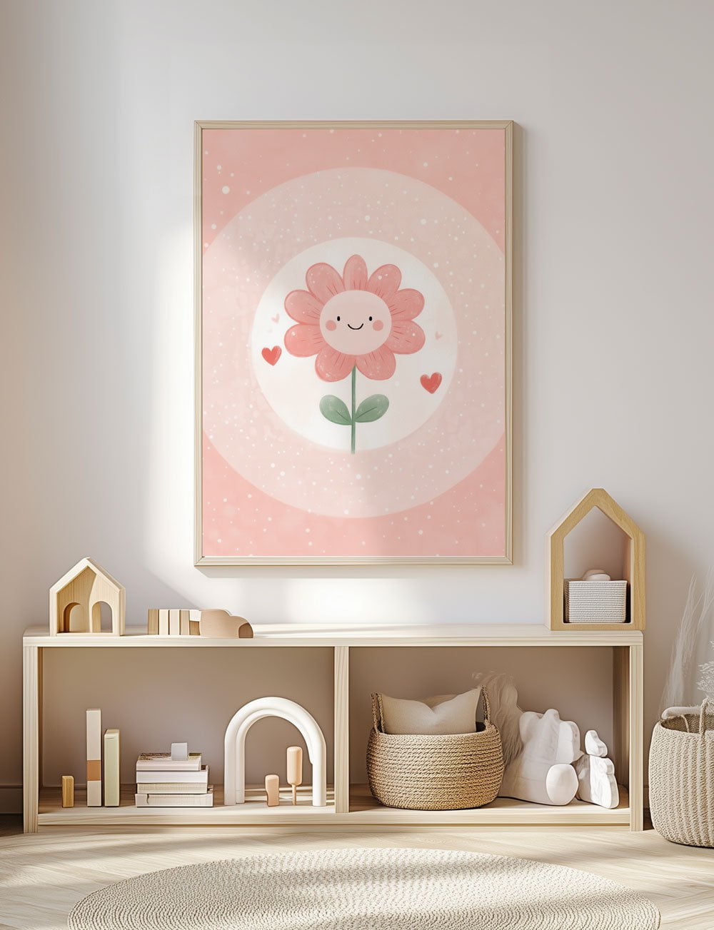 Affiche petite fleur rose encadrée dans une salle de jeux.