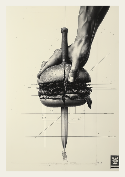 Affiche cuisine noir et blanc d'une main tenant un burger coupé en deux par une dague.