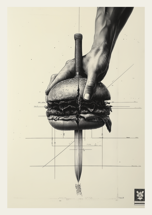 Affiche cuisine noir et blanc d'une main tenant un burger coupé en deux par une dague.