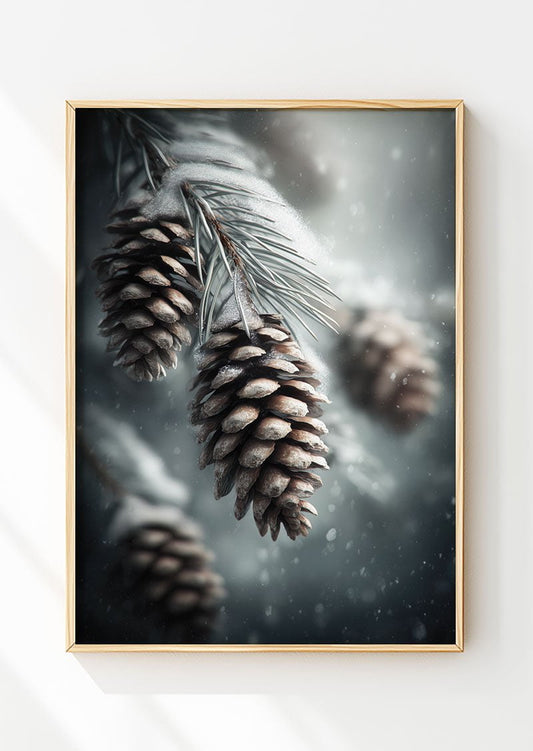 Affiche de noel représentant des pommes de pin sur une branche dans un cadre en bois