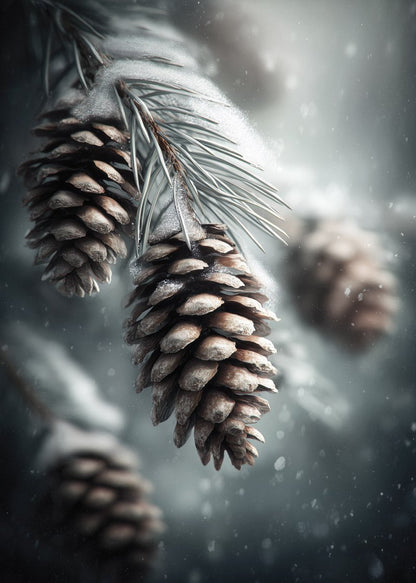 Affiche de noel illustrant en gros plan des pommes de pin sur une branche enneigée
