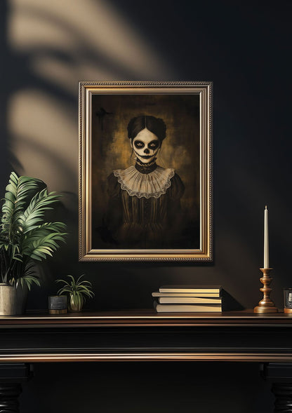 Affiche de la femme fantôme encadrée, dans une décoration de cabinet de curiosités sur un mur noir.