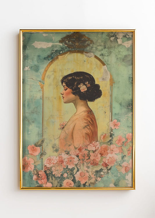 Affiche Art Déco 1930 d'un portrait romantique dans le style de Mucha, dans un cadre or.