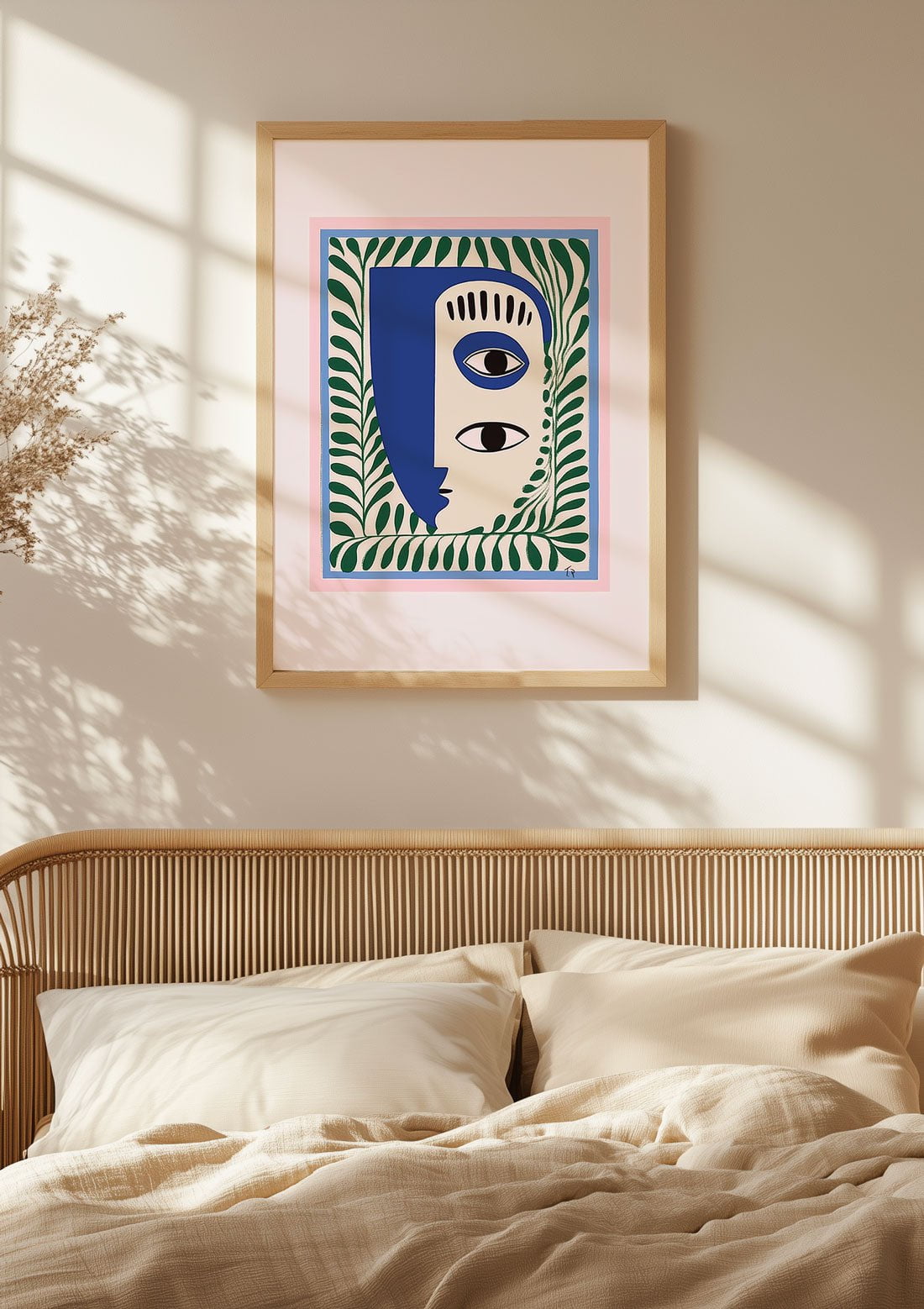 Mise en situation de l'affiche murale abstraite d'un visage dans une chambre.