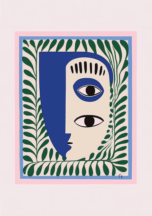 Affiche murale abstraite d'un visage aux tons bleus et crèmes, bordé de palmes vert profond.
