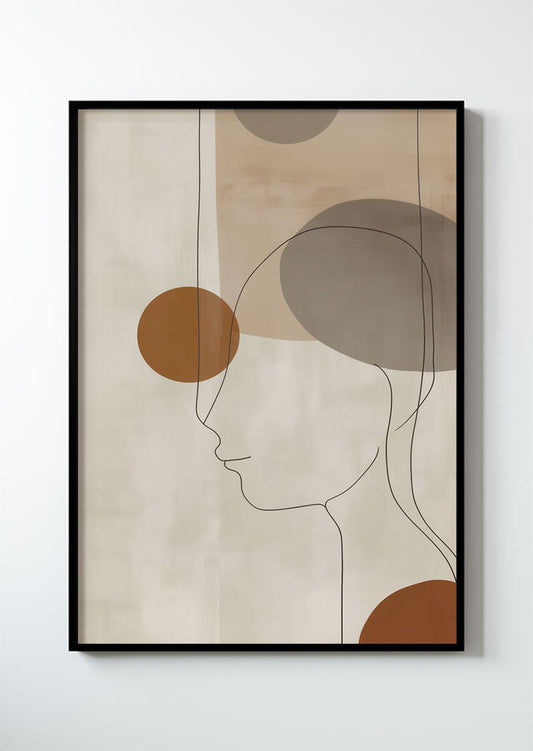 Poster contemporain représentant un portrait minimaliste peint à la main, dans un cadre noir