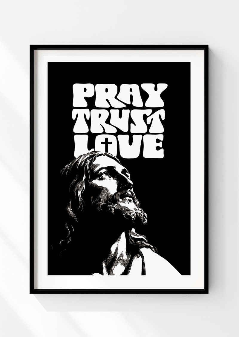 affiche chrétienne montrant jésus et un texte en noir et blanc, dans un cadre